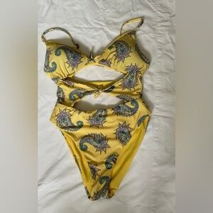 Isabella Rose Yellow and Green One Piece Swimsuit with Geometric Straps